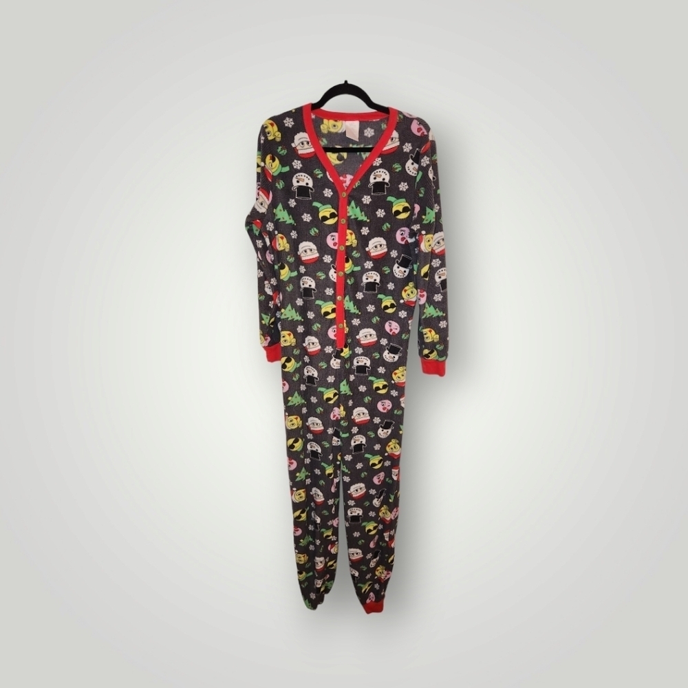 Christmas emoji pajamas pjs womens small one pc drop seat naughty nice jumpsuit